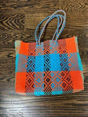 Recycled Plastic Mexican handwoven tote - Orange, Turquoise, Brown